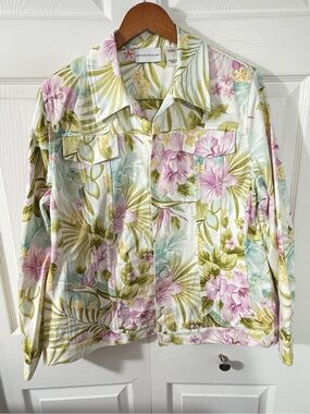 Alfred Dunner Tropical Pink Floral Cotton Jacket Multicolor Womens 12 Blazer